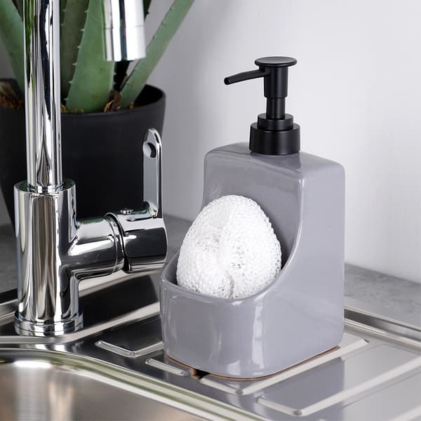Sæbedispenser med svampebeholder og svamp keramisk grå 400 ml