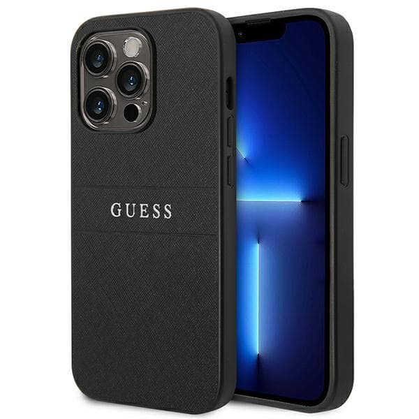 Guess Saffiano Metal Logo Striber - iPhone 14 Pro cover (sort)
