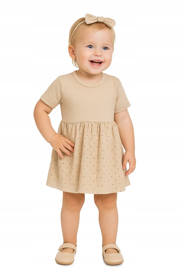 Bodosukienka barnklänning storlek 68 kortärmad broderad beige