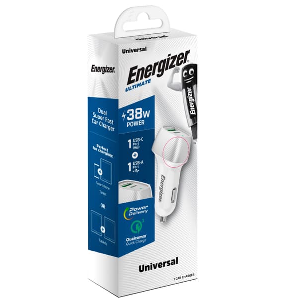 Energizer Ultimate - USB-C & USB-A Biloplader 38W PD + QC3.0 (Hvid / Sølv)