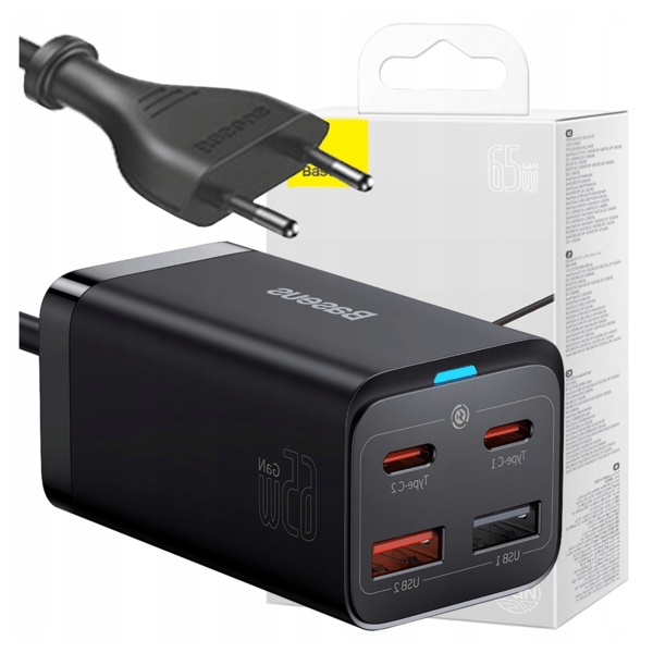 Baseus GaN3 Pro Vægoplader, 2x USB-C, 2x USB, 65W (Sort)