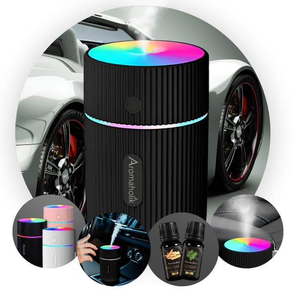 Svart USB-aromdiffusor för bilen - LED-luftfuktare + olja