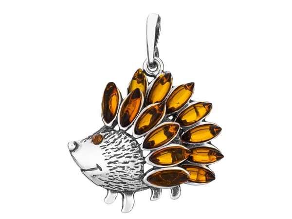 Silver Hedgehog-hänge med bärnsten, oxiderat silver-Igelkotthänge för kvinnor