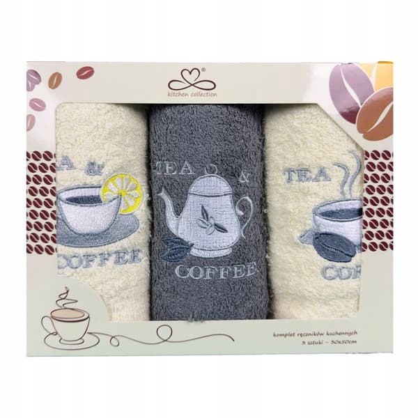 Sæt køkkenhåndklæder Kuchcik mønster kaffe & te 30x50 grå, ecru
