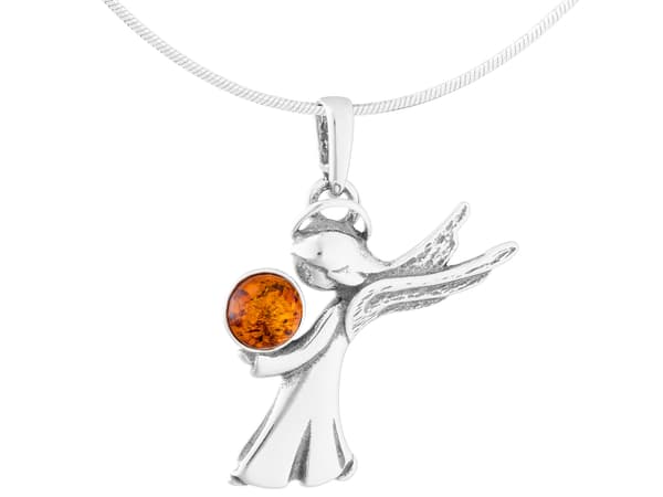 Långt silverhalsband för kvinnor med bärnsten, skyddsängel, silver 60