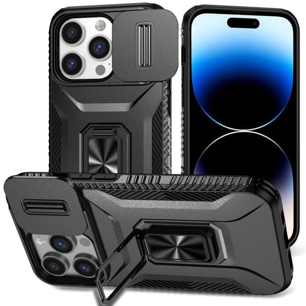 iPhone 14 Pro Cover med Støttefod og Skydelåg til Linse - Sort