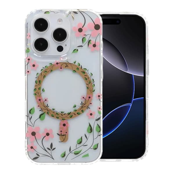 Mobilskal Magsafe med blommor för iPhone 16 Pro Max - Transparent