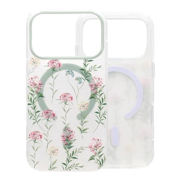 Mat MagSafe-cover med blomster til iPhone 17 Pro Max - Grøn-rosa