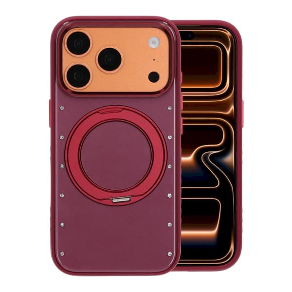 360° roterbart støtteben Rhinestone magnetisk telefoncover til iPhone 17 Pro Max/18 Pro Max Vinrød