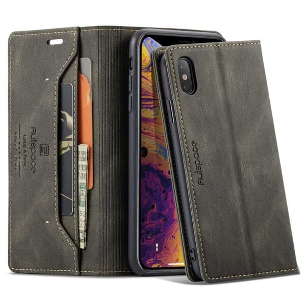 AUTSPACE iPhone X/XS RFID-blokerende Wallet Cover med Stand – Kaffe