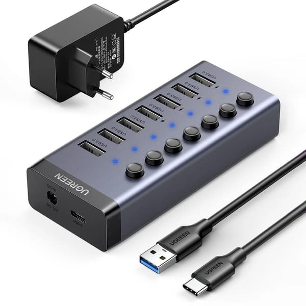 Ugreen Hub USB-C til 7x USB-A 3.0, PD, DC 12V - Grå