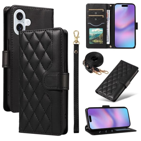 iPhone 17 wallet cover rhombus PU læder med rem - sort