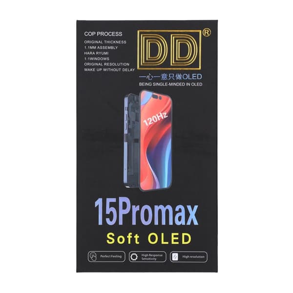 iPhone 15 Pro Max blød OLED-skærm høj kvalitet sort (DD-mærke)