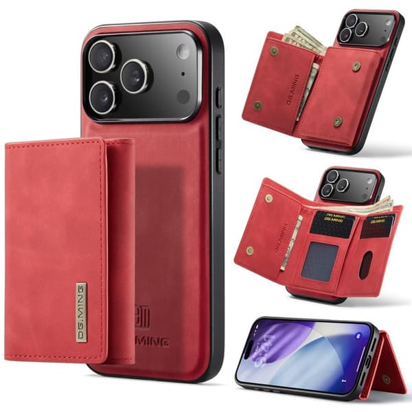 DG.MING M1 iPhone 18 Pro/17 Pro -kotelo jalustalla ja irrotettavalla lompakolla - Punainen