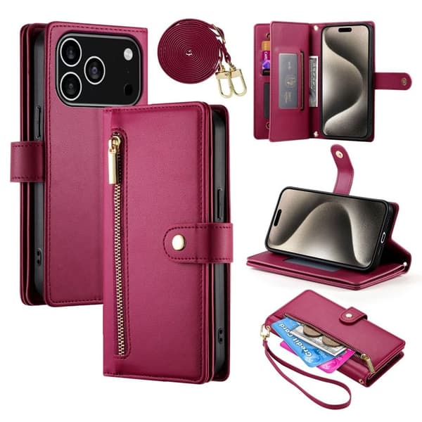 iPhone 17 Pro Wallet Cover med bærestrop - Rød