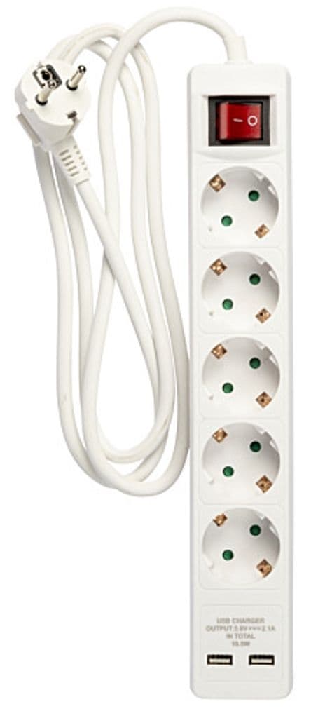 Stikdåse 5-vejs stik med 2x USB, 1,5 m