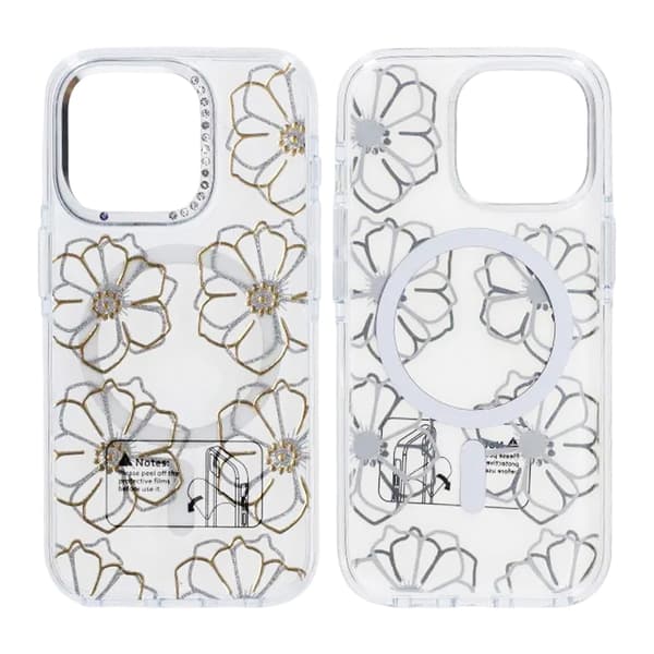 Glitrende Rhinestone Magnetisk Etui til iPhone 15 Pro Max Stor Guldblomst