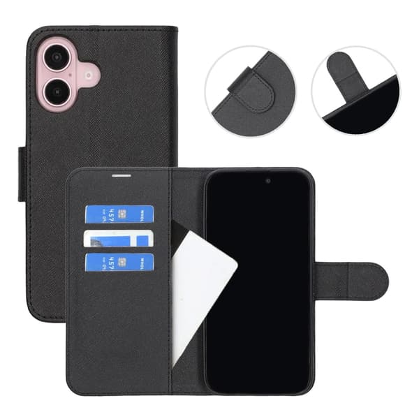 iPhone 16 Plus Wallet Cover med Stand - Sort
