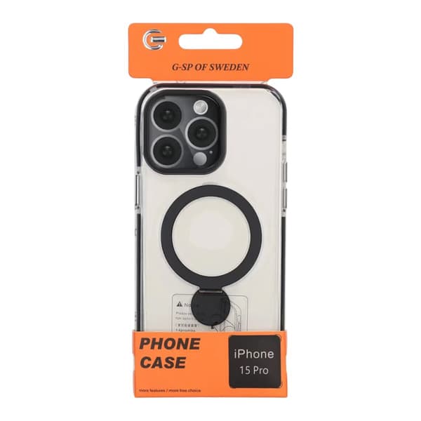 Magsafe cover til iPhone 15 Pro - Transparent sort med ringholder
