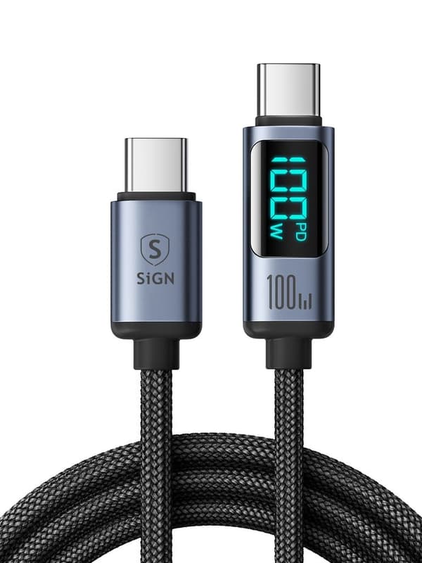 SiGN USB-C til USB-C Kabel 100W med Display, 2m - Sort