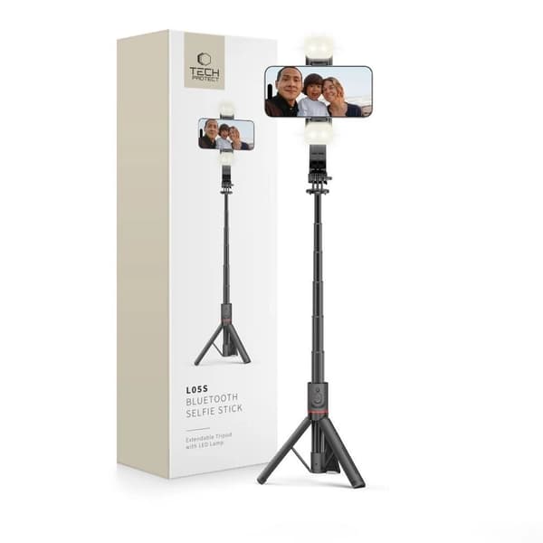 Tech-Protect L05S Bluetooth Selfie Stick med Tripod & LED Lys, 104cm - Sort