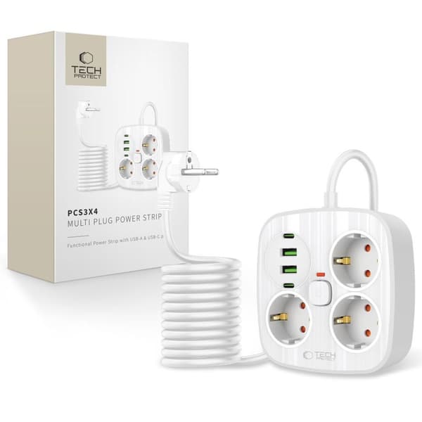 Tech-Protect PCS3X4 forlængerledning, 3 stikkontakter, 2 USB-A, 2 USB-C 200 cm – hvid