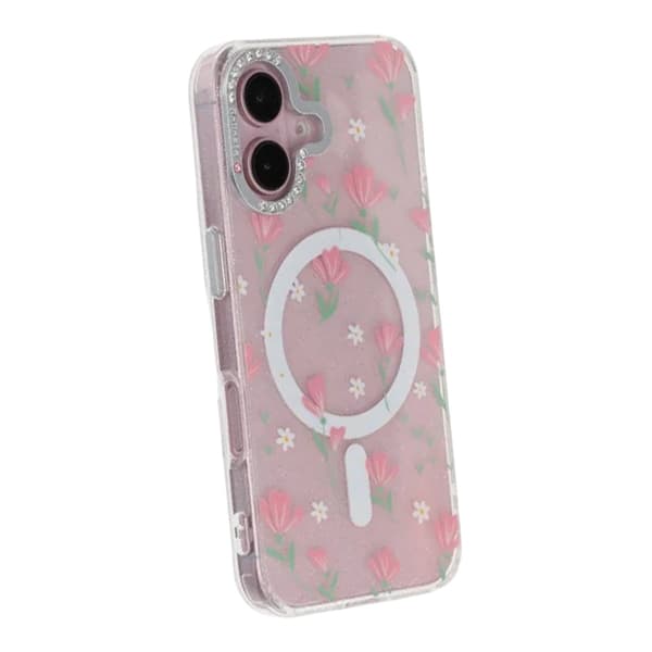 Blomstret Cover med Magsafe til iPhone 16 - Rosa