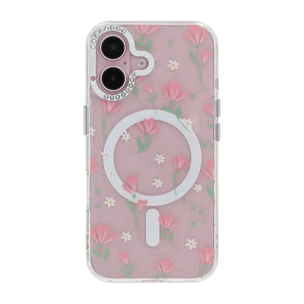 Blomstret Cover med Magsafe til iPhone 16 - Rosa