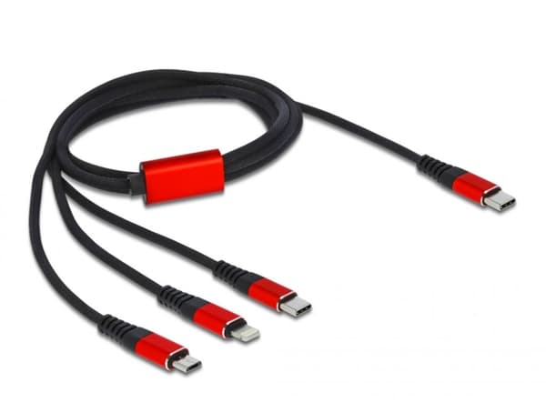 Delock 3-i-1 USB-C til Lightning/Micro USB/USB-C Opladerkabel, 1 m - Sort/rød