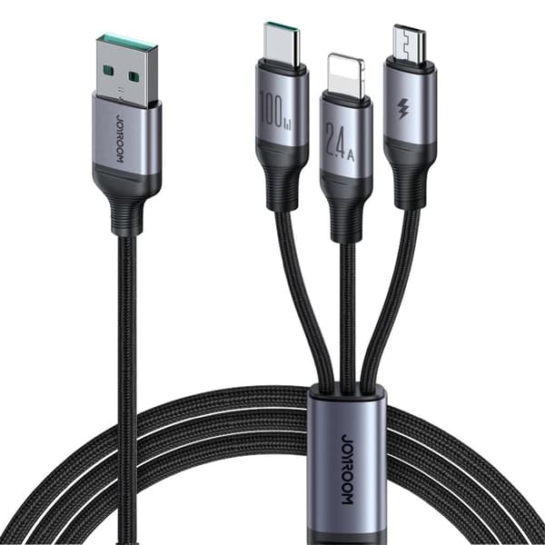 Joyroom 3-i-1 USB-A til Lightning, USB-C, Micro-USB, 100W, 1,2 m - Sort