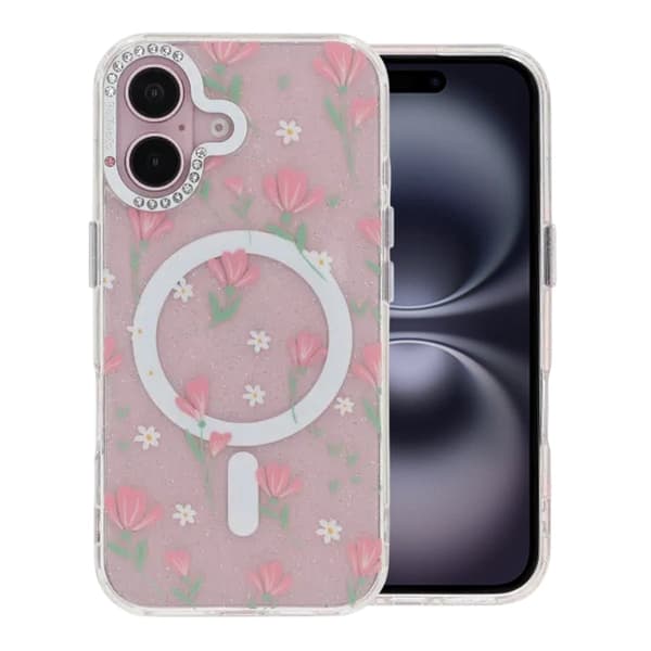 Blomstret Cover med Magsafe til iPhone 16 - Rosa