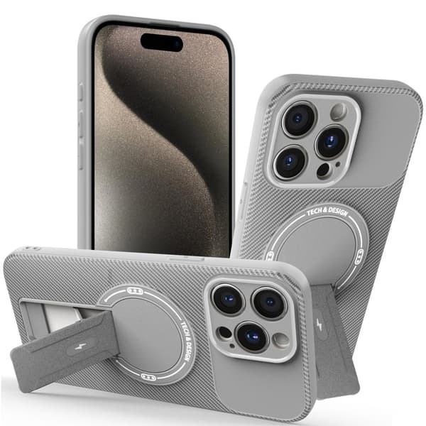 iPhone 15 Pro Skal Stöd Carbon Fiber Textur - Grå