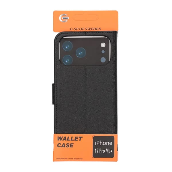 Lompakkokotelo jalustalla iPhone 17 Pro Maxille - Musta