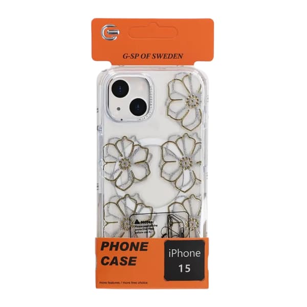 Glitrende Rhinestone Magnetisk Etui til iPhone 15 Stor Guldblomst