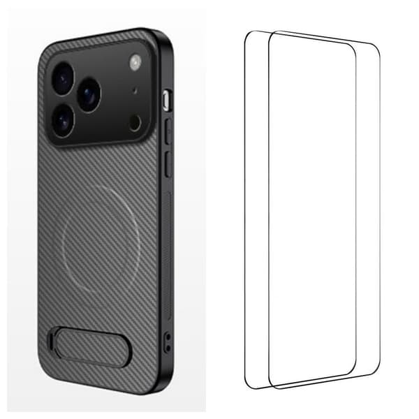 iPhone 18 Pro Kolfiber MagSafe Kickstand Skal & 2x Skärmskydd - Grå