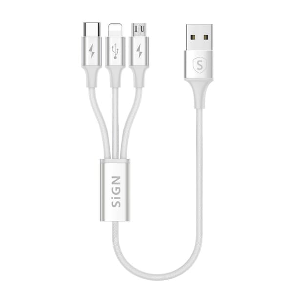SiGN 3-i-1 Kabel 0,25m, Lightning, USB-C, Micro-USB 5V, 3A - Hvid