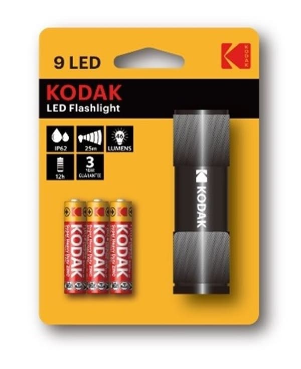 9-LED-taskulamppu mustassa metallikotelossa