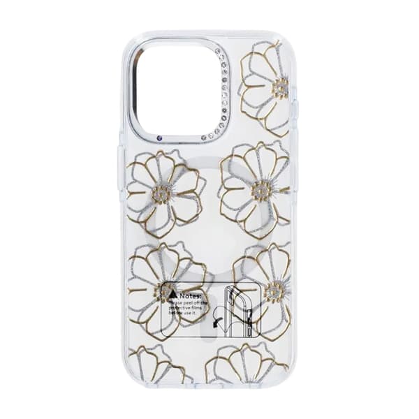 Glitrende Rhinestone Magnetisk Etui til iPhone 15 Pro Max Stor Guldblomst