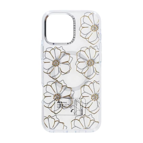 Glitrende Rhinestone Magnetisk Etui til iPhone 16 Pro Max Stor Guldblomst