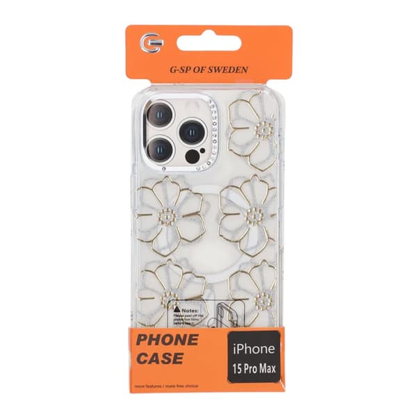 Glitrende Rhinestone Magnetisk Etui til iPhone 15 Pro Max Stor Guldblomst