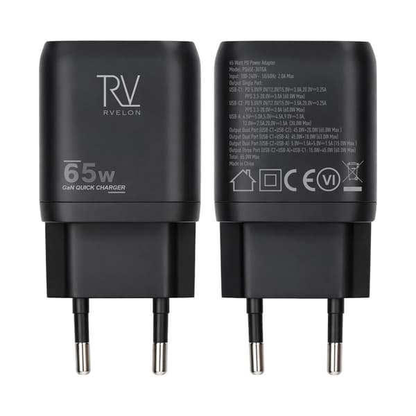 Rvelon Vægoplader 2x USB-C og USB-A 65W GaN - Sort