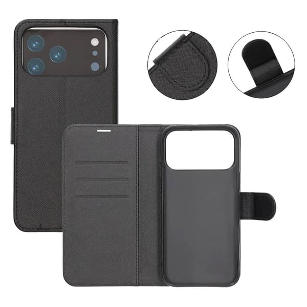 Lompakkokotelo jalustalla iPhone 17 Prolle - Musta