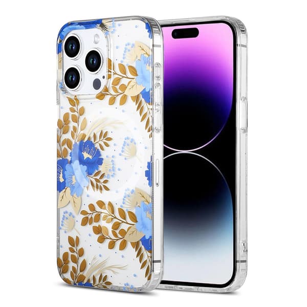 iPhone 14 Pro Max Cover MagSafe - Blomster Blå/Guld