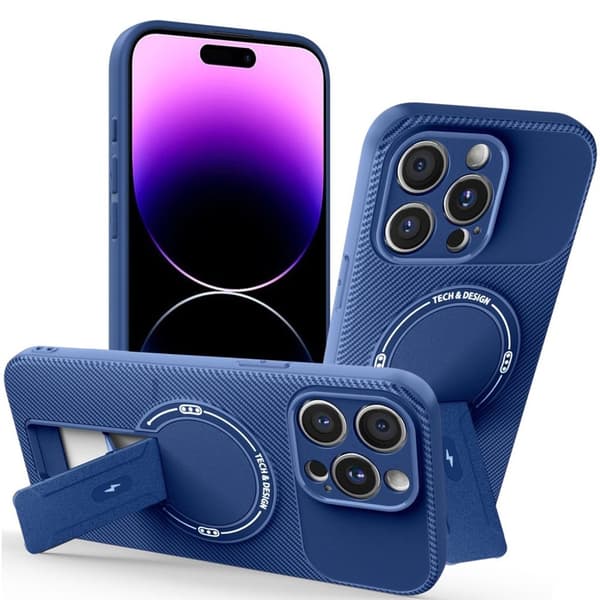 iPhone 14 Pro Max Cover med Stativ Kulfibertekstur - Blå