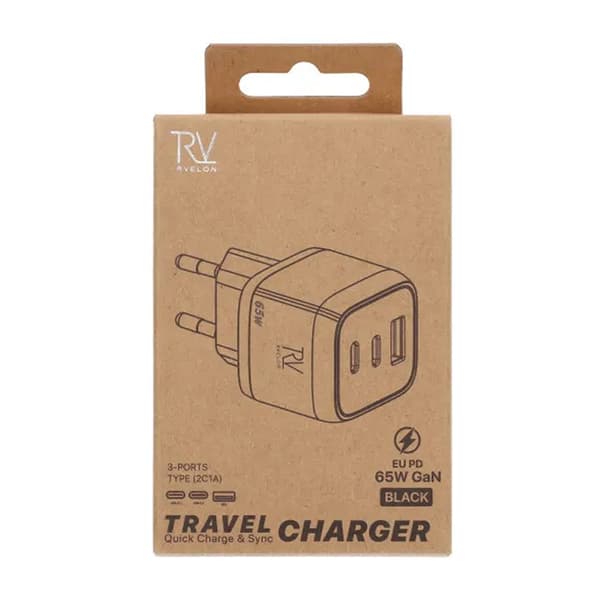 Rvelon Vægoplader 2x USB-C + USB-A 65W GaN - Sort