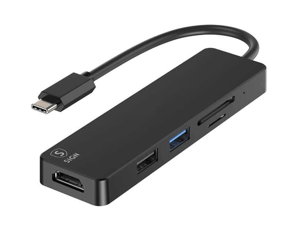 SiGN 5-in-1 USB-C -sovitin HDMI 4K MicroSD, max 15W, 5V, 3A - Musta