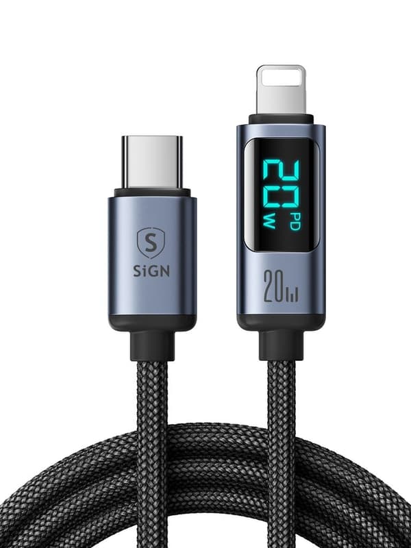SiGN 20W USB-C til Lightning Kabel med Display, 2m - Sort