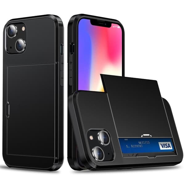 iPhone 14 cover med slide kortholder - Sort