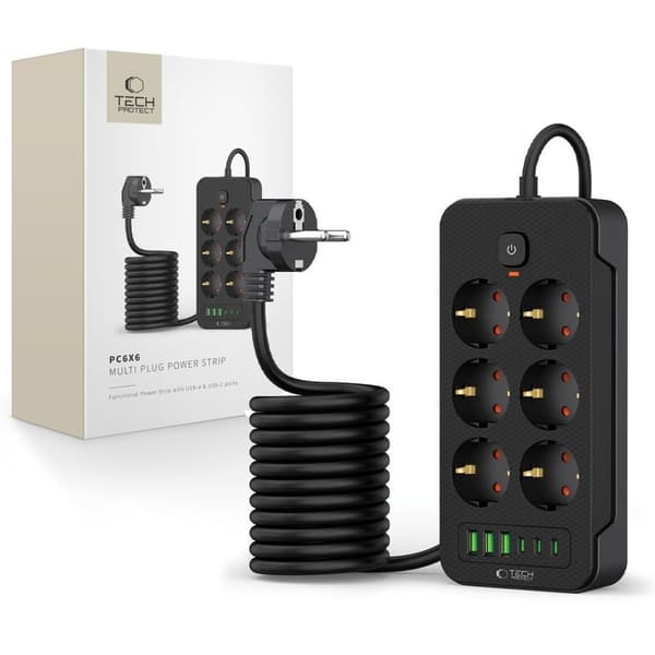 Tech-Protect Strømskinne 6-vejs 240V + 3xUSB-A + 3xUSB-C, 2m - Sort