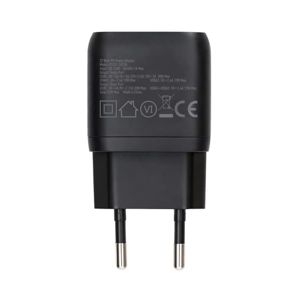 Rvelon Vægoplader USB-C + 2x USB-A 32W GaN - Sort